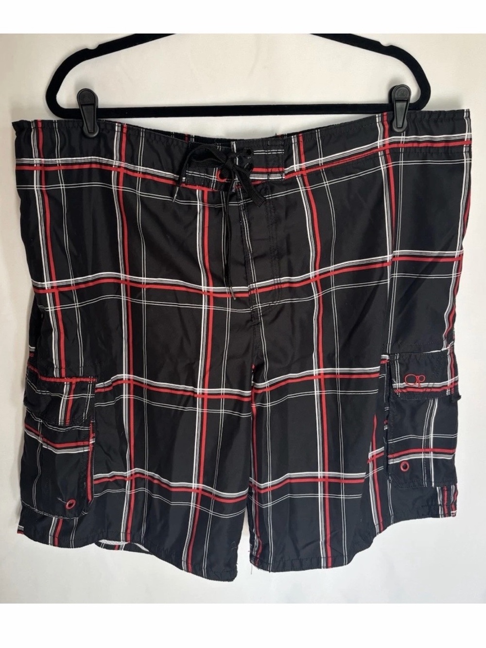 OP Board Shorts Mens 2XL Black Red White Plaid Y2K Surf Swim Trunks